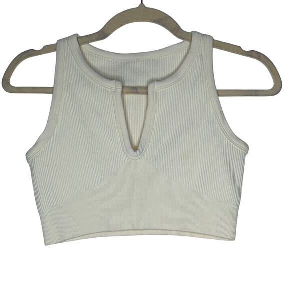Cream Ribbed Knit Cut Front V-Neck Soft Sports Bra Crop Top No Inserts Medium - Picture 2 of 9